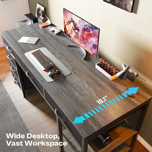 Huuger Computer Desk with 6 Drawers, Office Desk with Shelves, Reversible Gaming Desk, Corner Desk with Storage, Work for Home Office, Study, Living Room, 54inch, Grey - Image 4