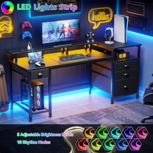 Furologee 60" Black Computer Desk with 4 Drawers and Printer Space, Gaming Desk with LED Lights and USB Power Outlets, Home Office Desk with Fabric File Cabinet,Study Work Table with Shelf for Bedroom - Image 4