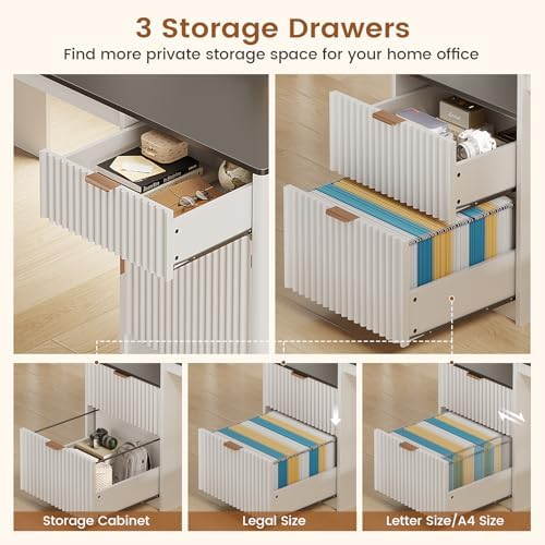 SEDETA 66" Modern L Shaped Desk with Drawers, Fluted Home Office Desk with File Cabinet and Printer Shelf, Wood Executive Desk with Monitor Stand, Led Lights, Power Outlets, White - Image 5