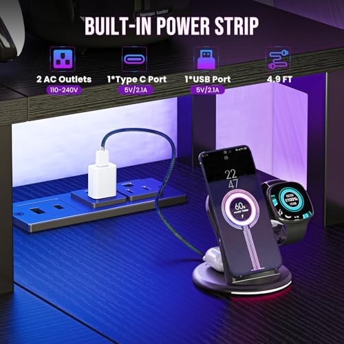 DUMOS Gaming Desk, Monitor Stand, LED Lights, Storage Shelves - Image 4