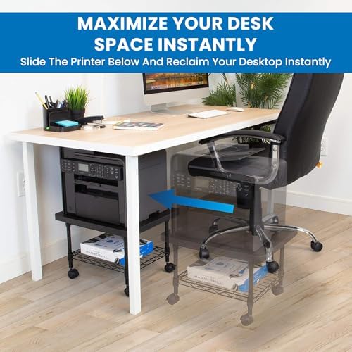 Mount-It! Under Desk Printer Stand with Wheels | Mobile Printer and Fax Cart with Storage Shelf for Office and Home Use, 2 Tiers (Black) - Image 4