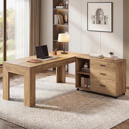 Tribesigns L Shaped Executive Office Desk with Drawers, Light Brown - Image 4