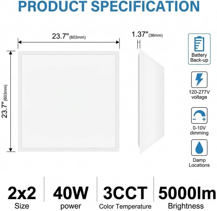 2x2 LED Flat Panel Light with Emergency Battery Backup, 40W 3000K/4000K/5000K, 0-10V Dimmable, 5200 Lumens, Backlit Drop Ceiling Panel, 100-277V, UL DLC Listed, Built-in Backup – 1 Pack - Image 5