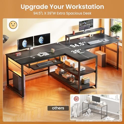 SEDETA 94.5" 2 Person Gaming Desk with Storage Shelves, LED Light, Black - Image 5