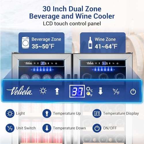 Wine and Beverage Refrigerator 30 Inch, Upgrade Dual Zone Wine Cooler, 30'' Wine beverage Fridge Built in or Freestanding Under Counter Large Capacity Glass Door Advanced Cooling System - Image 2