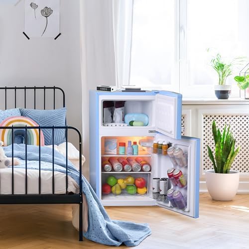 West Bend Mini Fridge with Freezer for Bedroom, Office, Bar or Dorm Room, Retro Compact Refrigerator features Glass Shelves, Manual Defrost and Adjustable Temperature Control, 3.1-Cu.Ft., Blue - Image 3