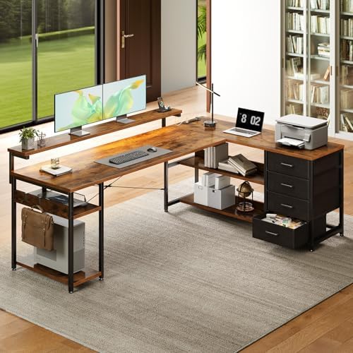 AODK 69 Inch L Shaped Computer Desk with 4 Drawers, LED Lights, Vintage - Image 2