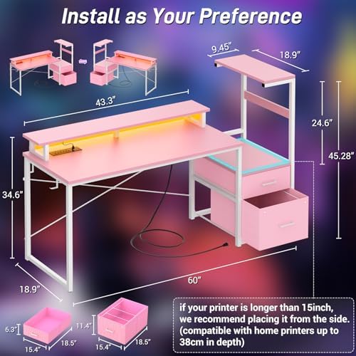 Aheaplus 59" Gaming Desk with RGB LED & Power Outlet &PC Case/Printer Stand - Image 2