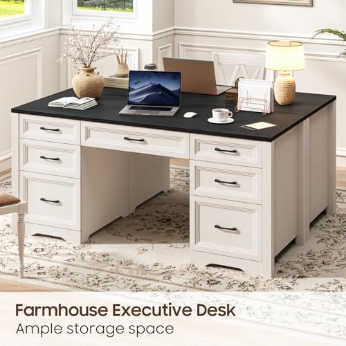 Vabches Farmhouse Executive Desk, Wood Home Office Desk with 2 Large File Drawers and 5 Storage Cabinets, Rustic Writing Desk for Work and Study, Black - Image 3