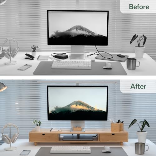 Bamboo Dual Monitor Stand, Natural Desk Shelf with 2 Drawers - Image 2