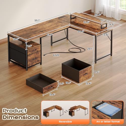 PRAISUN 55 Inch L Shaped Desk with Power Outlets and USB-C Port, Computer Corner Home Office Desk with File Fabric Drawers and Movable Monitor Stand, Larger Storage for Gaming, Study, Rustic Brown - Image 2