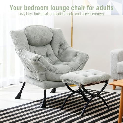 Furlide Lazy Chair with Ottoman, Plush Reading Chair for Bedroom，Green - Image 3