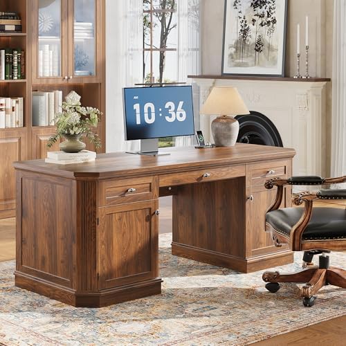 59" Classic Executive Desk with Storage, Victorian Executive Desk with Charging Station, Keyboard Tray, 3 Drawers & 2 Cabinet Storage & 2 Pedestals, Easy Assembly, Dark Walnut by Unknown