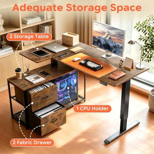 55″ Electric Standing Desk with Drawers, L-Shaped Vintage Brown Adjustable Height Corner Gaming Computer Desk for Home Office, Memory Preset, Stable Steel Frame, Power Outlet & USB-C Port - Image 4