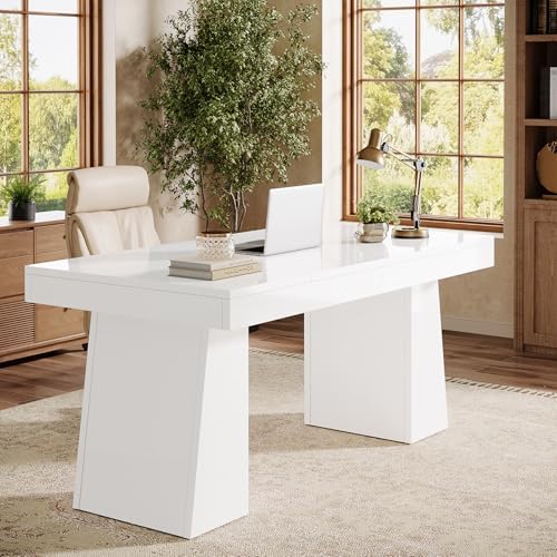 Tribesigns 55" Executive Desk, Wooden Office Desk with Double Pedestal, Modern Simple Computer Writing Table for Home Office, White - Image 4