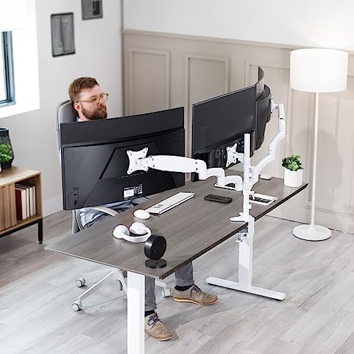 VIVO 17 to 32 inch Triple Pneumatic Monitor Mount, 2 Pneumatic Arms, 1 Fixed, Adjustable Swivel, Rotation, Heavy Duty VESA Desk Stand with C-clamp, Max VESA 100x100, White, STAND-V300GW - Image 2
