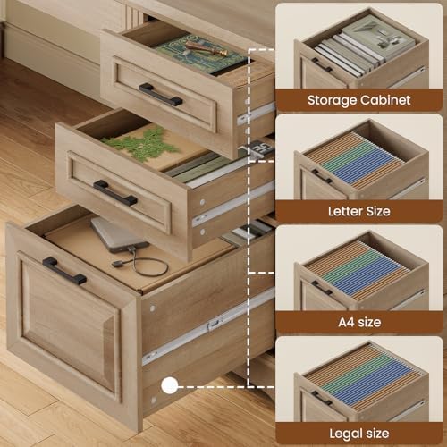 Itaar Farmhouse L Shaped Desk, Executive Computer Desk with Drawers and Storage Cabinet, Home Office Desk with File Drawer and Power Outlet, Corner Desk, Workstation for Office Home, Oak - Image 4