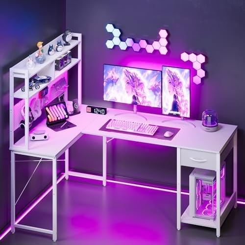 Apicizon L Shaped Gaming Desk 53" with Hutch, LED Light and Drawer - Image 2