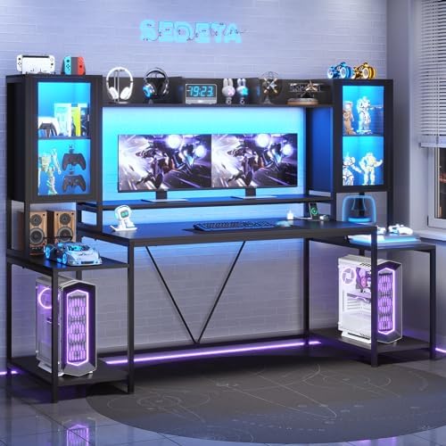 SEDETA Gaming Desk 75'' with LED Lights, Hutch and Storage Shelves, Black by SEDETA