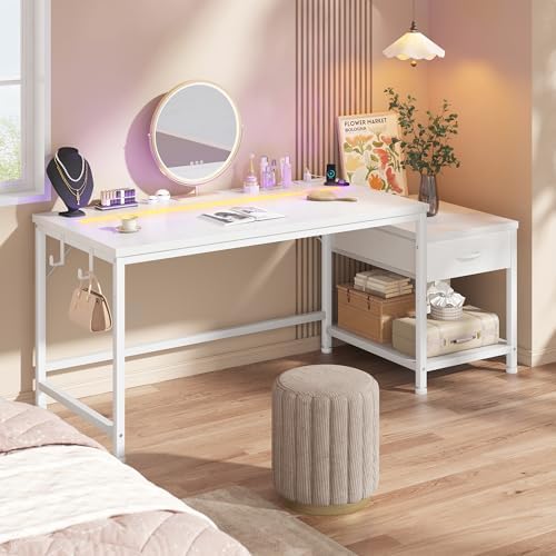 DurayLoly 56" White Office Desk with Printer Shelf for Teens Bedroom & Dorm - Image 2