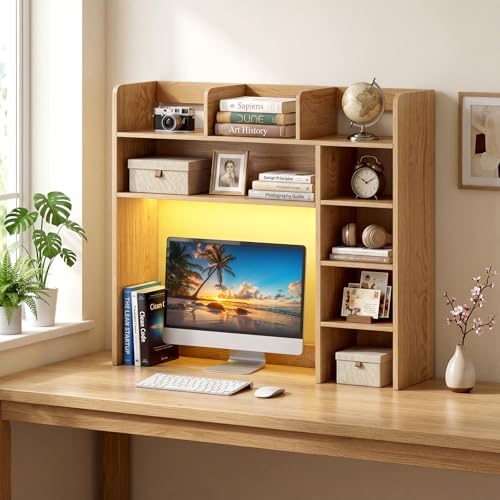 Desk Hutch with LED Lights, Wood Desktop Bookshelf for Up to 25" Monitor by BUYNOW