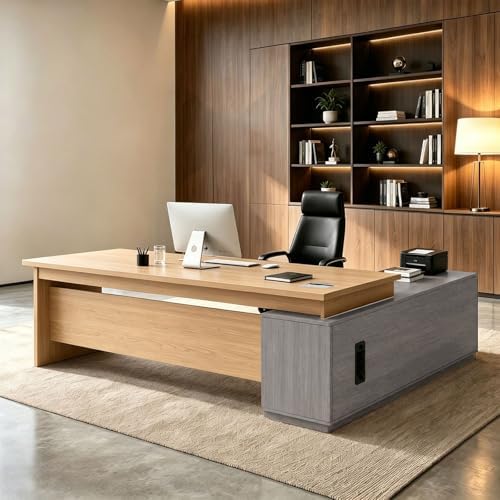 L Shaped Executive Desk with Drawers, Large Wood Workstation, Modern Executive Office Furniture for Home Office and Business Workspace, Multiple Sizes & Colors by Unknown