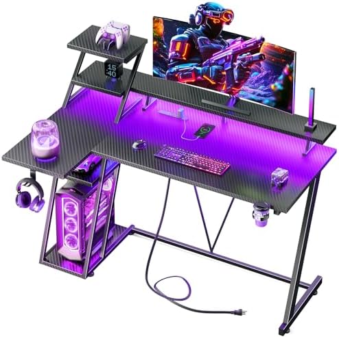 Korfile 40 Inch Gaming Desk with LED & Power Outlet, Carbon Fiber Black by Korfile