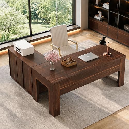 Tribesigns L Shaped Executive Office Desk with Drawers,Walnut - Image 6