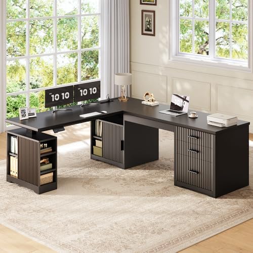 SEDETA Fluted L Shaped Electric Standing Desk, 63" x 67" Height Adjustable Home Office Executive Desk with Drawers and Shelves, Two Person Desk with Power Outlet for Home Office, Black - Image 3