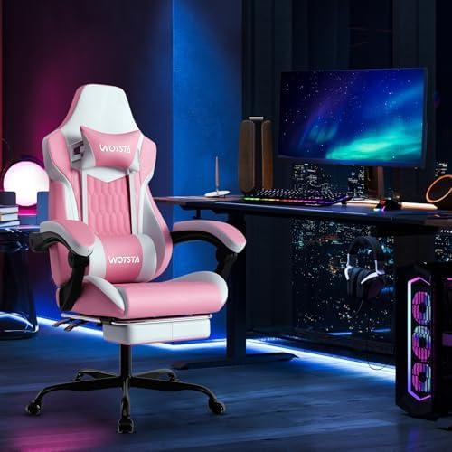 Gaming Chair with Footrest, High Back Gaming Chairs PVC Leather Ergonomic Gamer Chair with Adjustable Headrest Lumbar Support Racing Style Video Gaming Chair for Office/Home (Pink) - Image 2