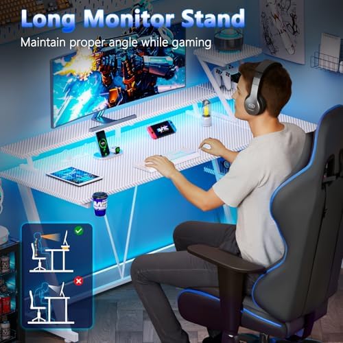 Korfile 55 Inch White Gaming Desk with LED Lights & Power Outlet, Gaming Computer Desk with Storage Shelves, L Shaped Gamer Workstations with Monitor Stand for Bedroom - Image 7