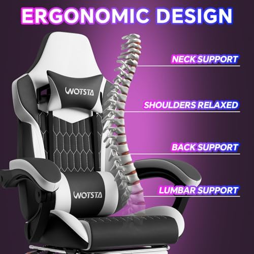 Gaming Chair with Footrest, High Back Gaming Chairs PVC Leather Ergonomic Gamer Chair with Adjustable Headrest Lumbar Support Racing Style Video Gaming Chair for Office/Home (Black White) - Image 5