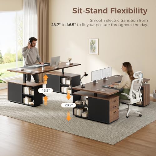 71" Electric Standing Desk with Drawers, Electric Height Adjustable Executive Desk with Lockable File Cabinet, Home Office Desk, Open Storage Compartments, Built-in Power Outlet, Black - Image 3