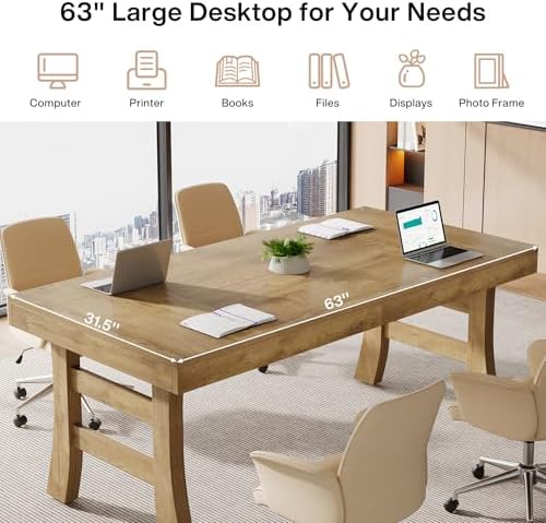Tribesigns 63-Inch Executive Desk, Large Office Computer Desk with Sturdy Legs, Farmhouse Simple Workstation Writing Study Table for Home Office, Light Brown - Image 6