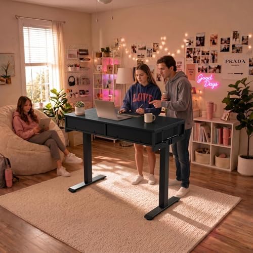 KLUVIS Black Adjustable Desk with Storage, 39 Inch Small Black Desk with Drawers, Small Space Stand Up Computer Desks for Home Office Bedroom, Sit Stand Work Desks for Walking Pad - Image 7