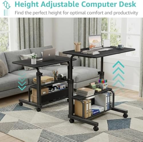 WINAZ Small Portable Rolling Kids Desk - 32" Mobile Laptop Desk with Wheels for Small Spaces, Height Adjustable C Shaped Side Table with 2-Tier Storage Shelves, Black - Image 6