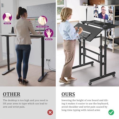 Enayplon Small Standing Desk with Wheels, Mobile Stand Up Desk, Portable Standing Table on Wheels for Walking Pad, Rolling Computer Desk Adjustable Height, Tall Table - Image 3