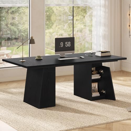 UPOSOJA 63 in Executive Desk with Power Outlets, Modern Home Office Desk with Storage Cabinet, Wood Computer Desk Business Workstation Desk Conference Table Black by UPOSOJAWishesYouaNiceDay
