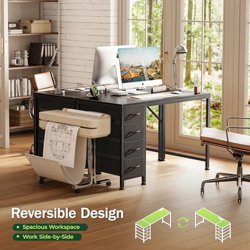PRAISUN 39.4 Inch Computer Office Desk with Power Outelts and USB-C Port, Reversible Gaming Desk with 4 Fabric Drawers, Work Study Desk Work from Home, Black - Image 4