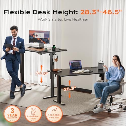 Huuger 55 x 28 Large Electric Standing Desk with 4 AC Outlets, Type-C Port, Height Adjustable Computer Desk, 27.6" Deep Desktop, Stand up Gaming Desk, 3 Preset Heights, for Home Office, Black - Image 3