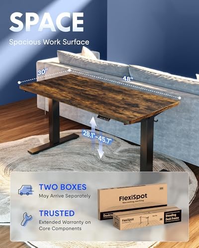 FLEXISPOT EN1 One-Piece Standing Desk, Electric Adjustable with 4 Memory Presets, 176 LBS Capacity, Stable & Quiet, Seamless Desktop for Home Office & Dual Monitors, 48"x30" Rustic Brown - Image 5