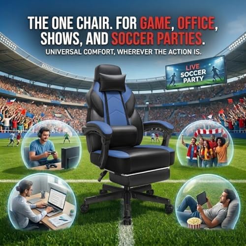 Video Game Chair for Adults, Gaming Chair with Footrest, Big and Tall Computer Chair with Massage Lumbar Support 330lbs Weight Capacity, Adjustable Height, 360° Swivel Seat and Headrest (Blue) - Image 4