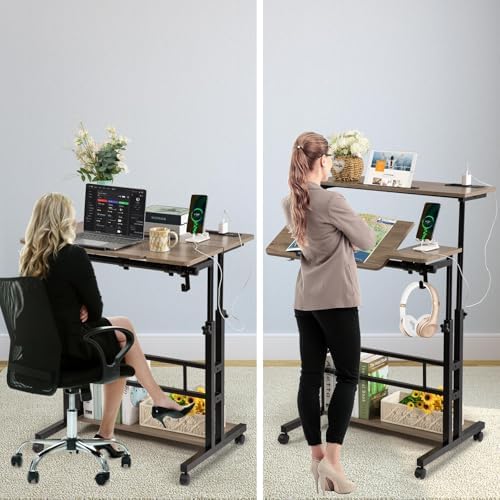 Hadulcet Rolling Stand Up Desk Adjustable Height - Portable Standing Desk with Wheels & Charging Station, Mobile Laptop Desk Small Standing Desk Drawing Table, Grey - Image 5