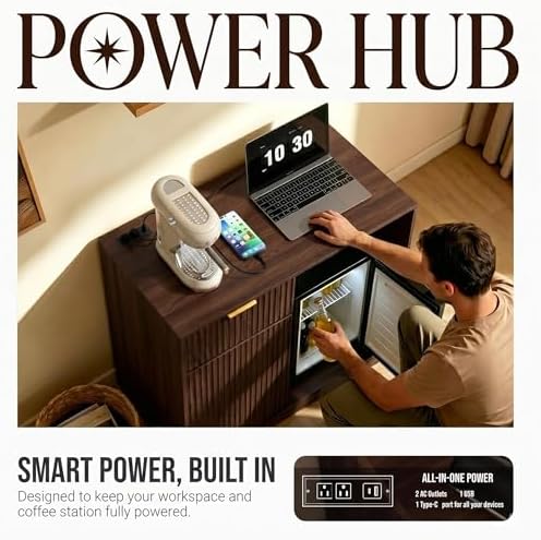 Mini Fridge Cabinet with Power Outlet, Coffee Bar Cabinet with Fridge Space & Wine Glass Rack, Fluted Buffet Sideboard with Drawer & Adjustable Shelf, Home Bar Cabinet for Living, Dining Room Kitchen - Image 4
