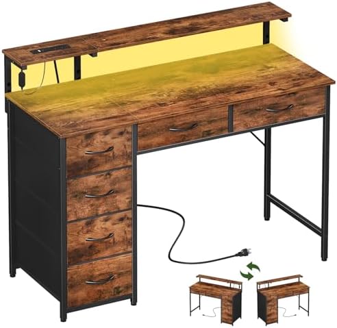 Somdot Computer Desk with Power Outlet and LED Lights, Desk with 6 Drawers by Somdot