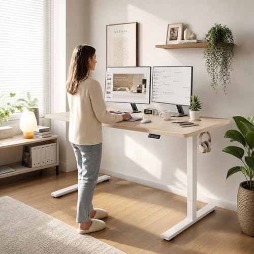 Grandder 55x32 Large Electric Standing Desk, Height Adjustable Computer Desk with 2 Memory Presets, 31.5" Deep Desktop Sit Stand Desk Home Office Desk Workstation Table with Hooks, Light Walnut - Image 2
