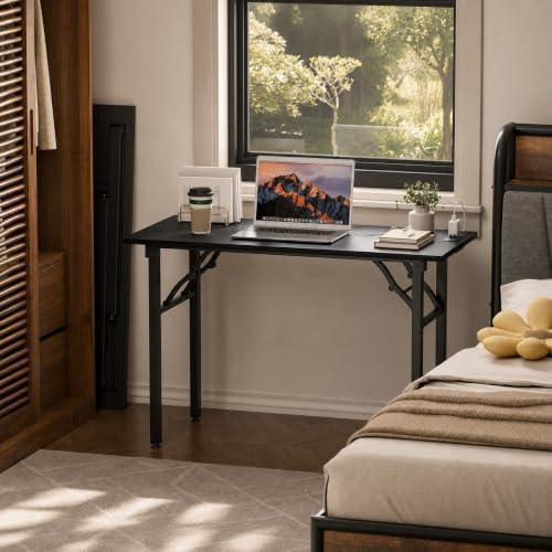 Folding Table Computer Desk - 43.3" No Assembly Folding Desk with Power Outlets & USB Charging Port, Small Desk, Foldable Office Desk, Compact Storage Portable Use for Small Space, Dark Oak - Image 2