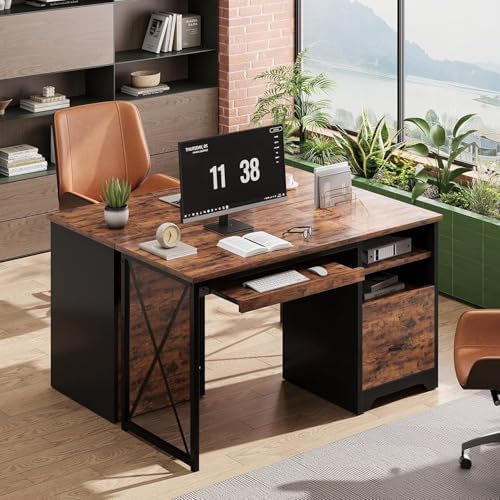 Bestier 47" Computer Desk with Drawers, Home Office Desk with Keyboard Tray, Reversible Industrial Office Desk with Storage Cabinet for Small Space Home Office & Studio, Rustic Brown - Image 5