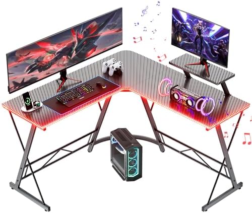 Mr IRONSTONE Gaming Desk with LED Lights and Speakers, L Shaped Desk Corner with Cup Holder & Headphone Hook, Computer Desk Home Office Desks with Monitor Stand, Carbon Fiber Surface, Black 51 Inch by MrIRONSTONE