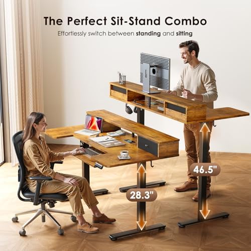 OffiGo 55 Inch U Shape Standing Desk, Keyboard Tray & Drawers, Rustic Brown - Image 5